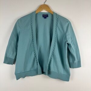 Pendleton Silk Blend Teal Blue Braided Open Front 3/4 Sleeve Cardigan Sweater‎ L